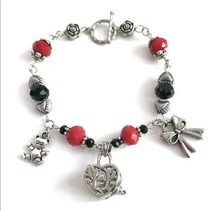 gothic dark red black heart locket charm bracelet teddy bear bow handmade